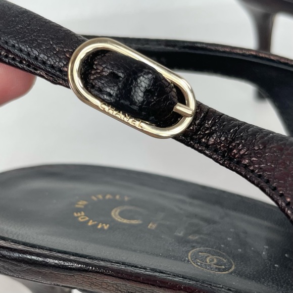 {Chanel} Bronze Leather CC Cap Toe Slingback Sandals Size 39.5 - Picture 13 of 14